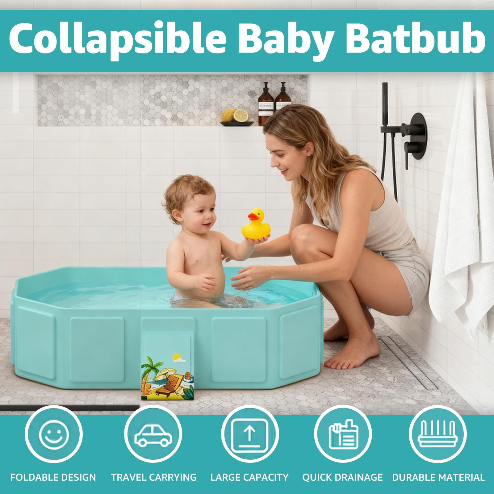 Jollcma bath with drain plug enables quick drainage after bath.