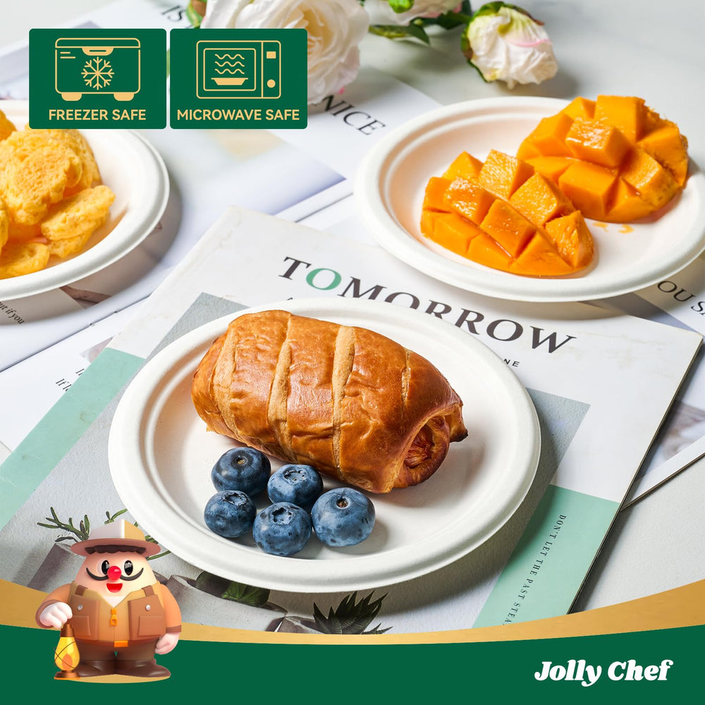 Close-up shows bagasse and bamboo texture on JOLLY CHEF plates.