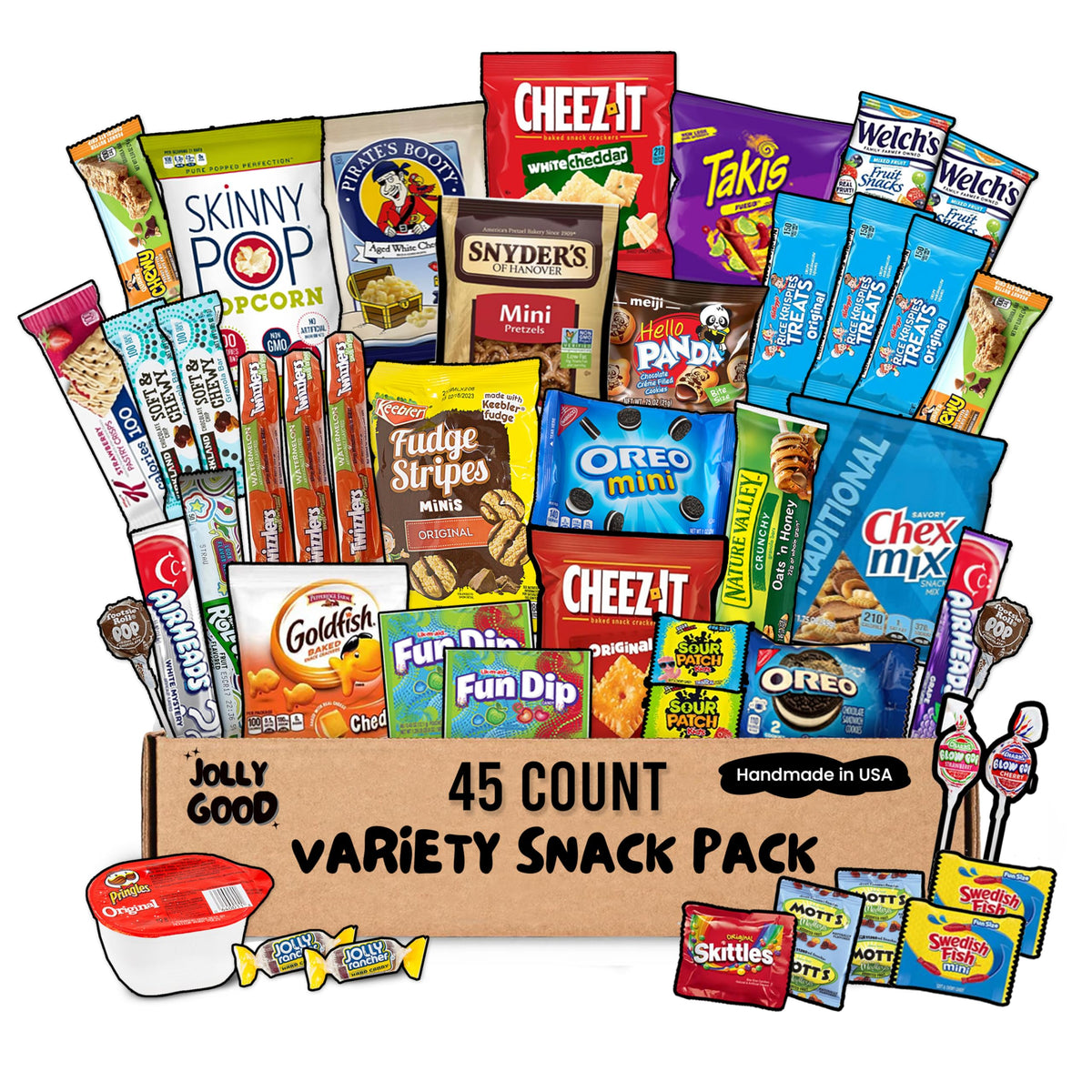 Jolly Good Snacks Box variety pack contents, a premium mix for sharing and gifting.
