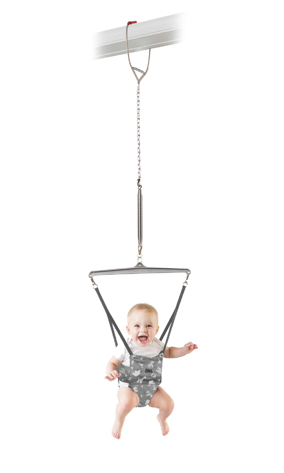 Jolly Jumper Iconic doorway setup in grey safari facilitates easy indoor play