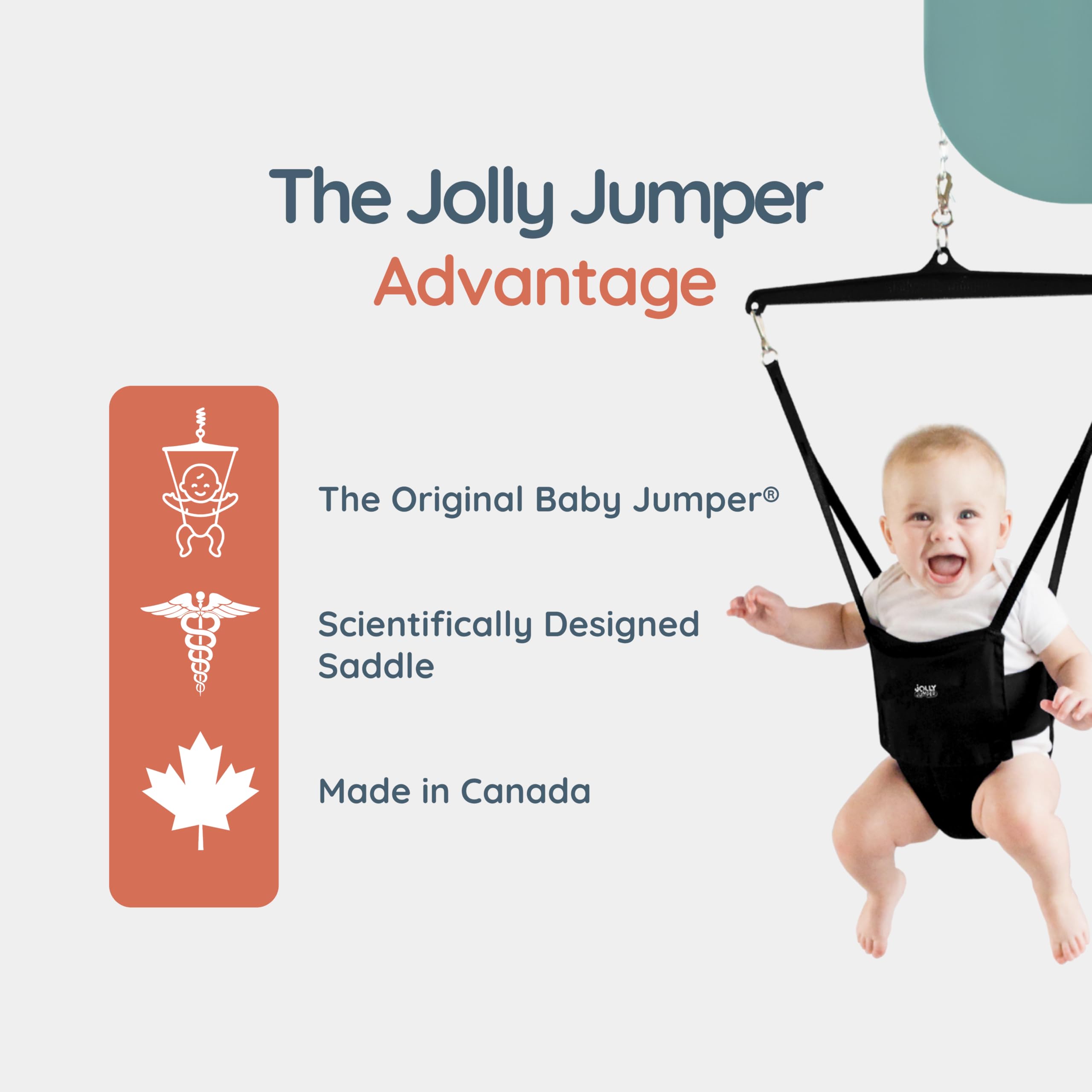 Jolly Jumper Iconic height-adjustment feature supports growing infant up to 28 lbs