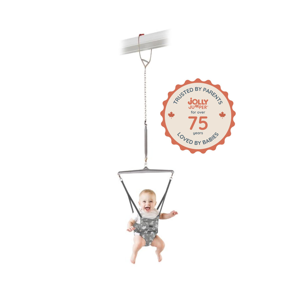 Jolly Jumper Iconic saddle-seat support in grey safari promotes upright posture
