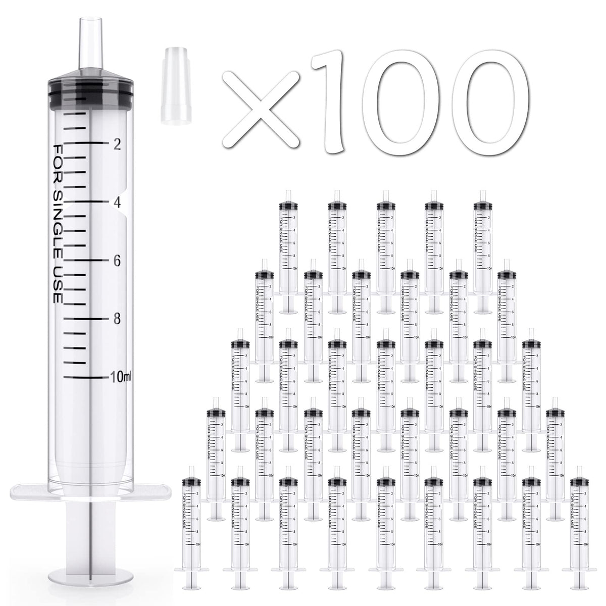 JOLLY PARTY 100-pack 10ml syringe with tip cap maintains seal for accurate dispensing.
