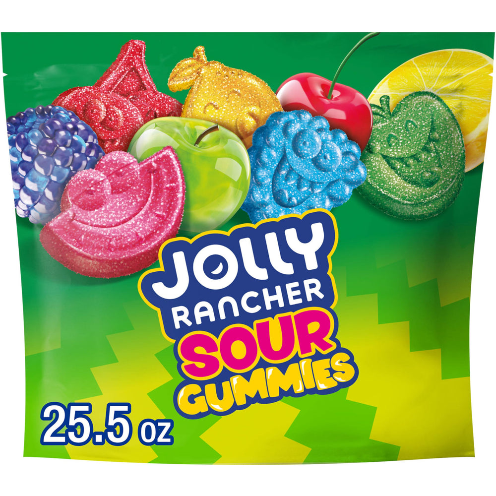 Jolly Rancher Sour Gummies blue raspberry flavors in resealable bag for on-the-go snacking.