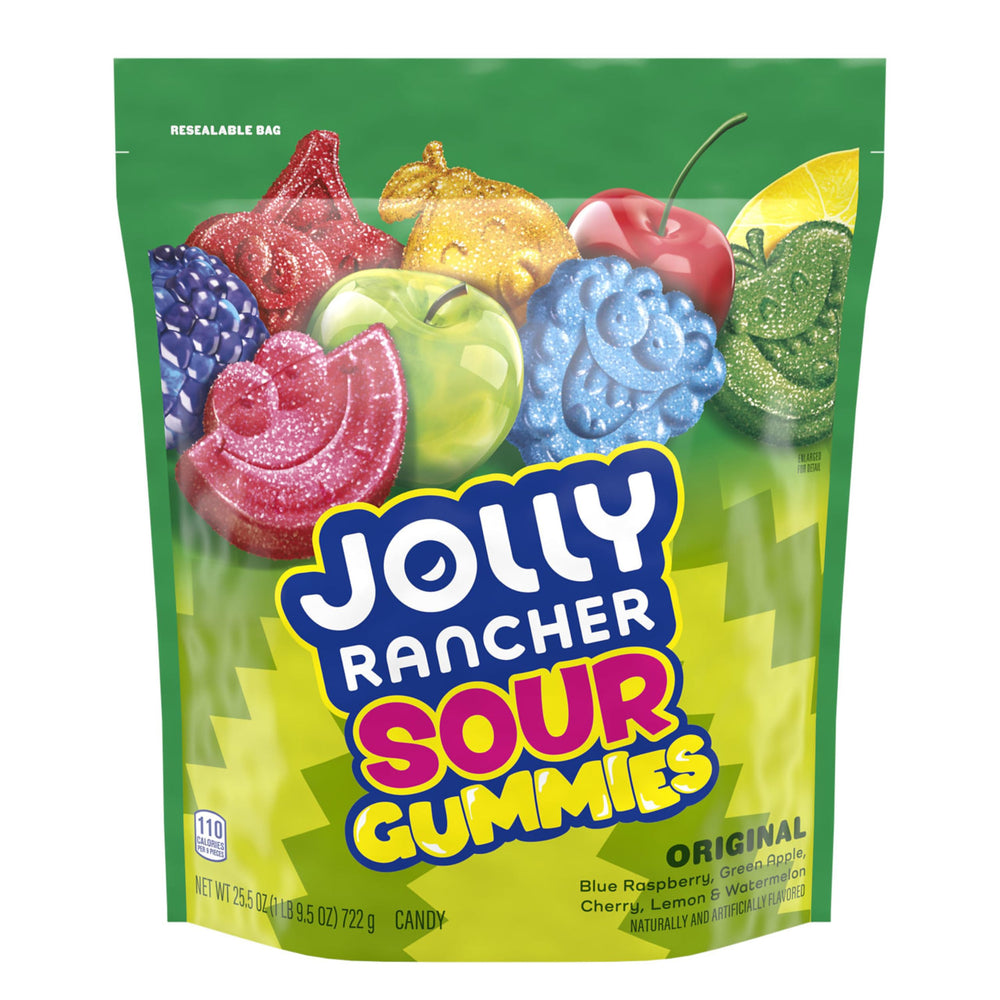 Jolly Rancher Sour Gummies cherry flavor close-up in a shareable bag.