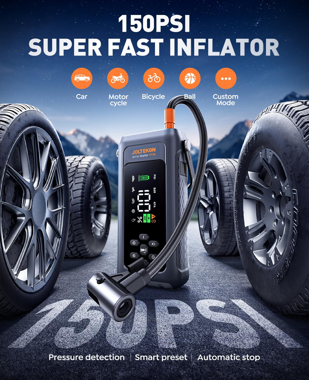 Joltekon air pump 150psi inflates tires fast for roadside relief.