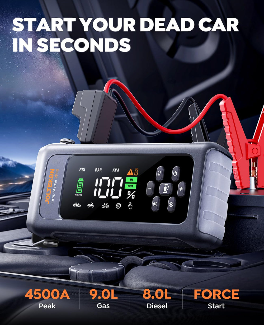 Joltekon jump starter 4500A starting power quickly revives drained batteries.