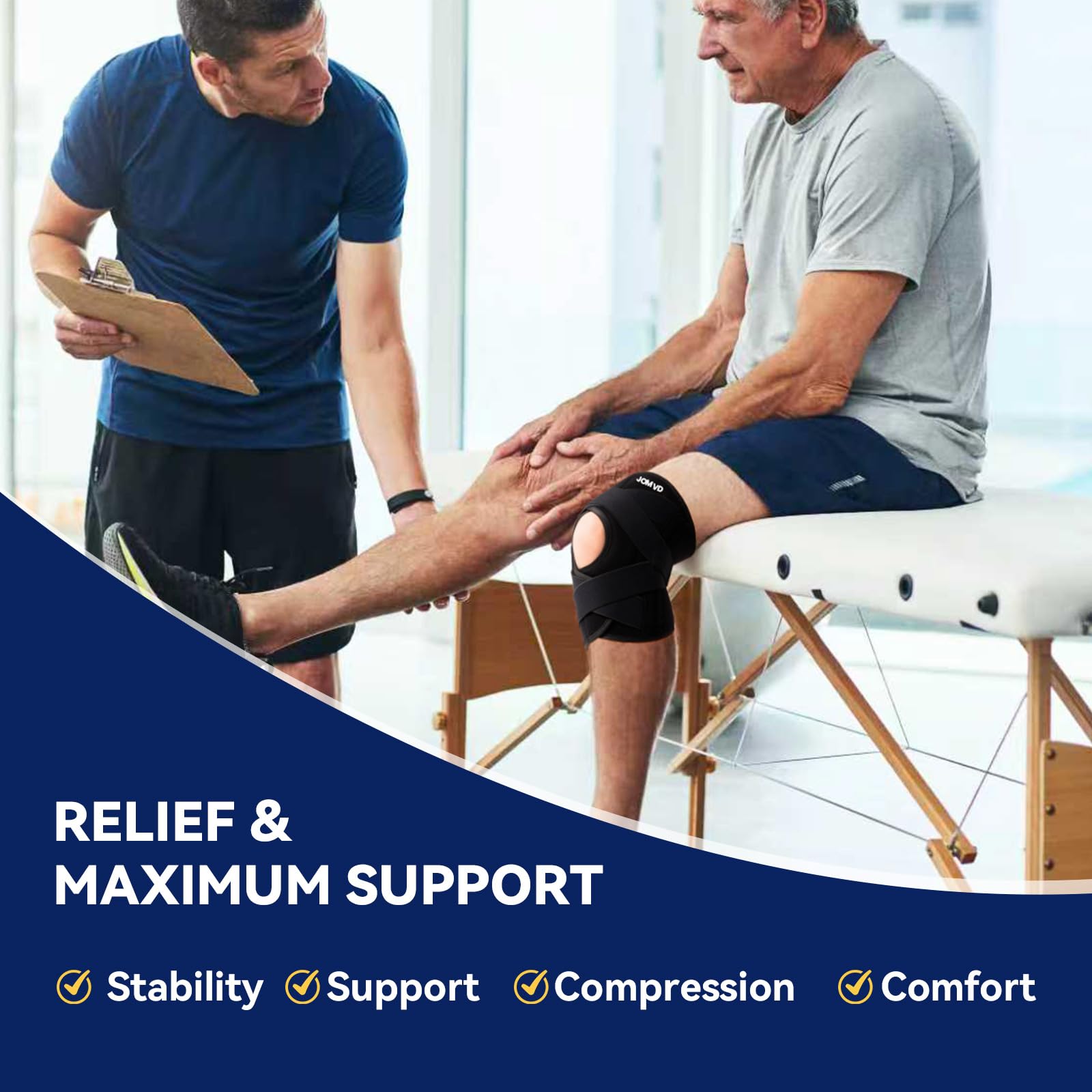 JOMVD knee brace size guide shows how to measure thigh circumference for a comfortable fit