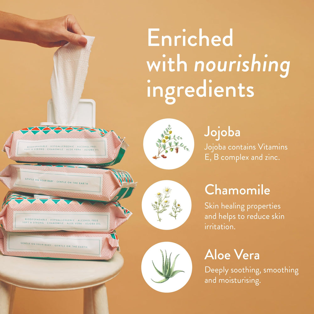 JOONYA Aloe Vera, Chamomile, and Jojoba in wipe close-up.