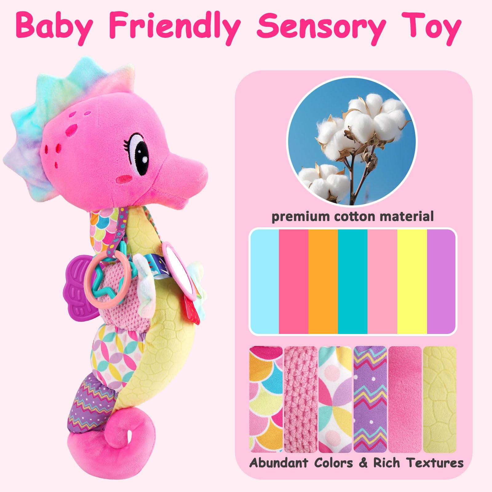 Joosharkidz seahorse musical button activates gentle sounds during playtime.