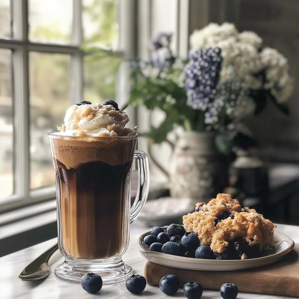 Iced coffee with Jordan's Skinny Mixes Blueberry Cobbler syrup on a sunny counter