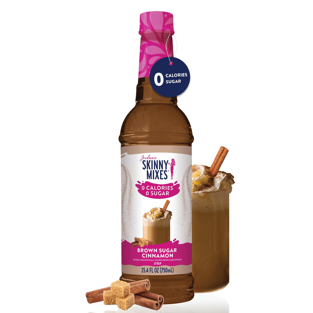 Jordan's Skinny Mixes brown sugar cinnamon bottle showing zero-calorie flavor for drinks
