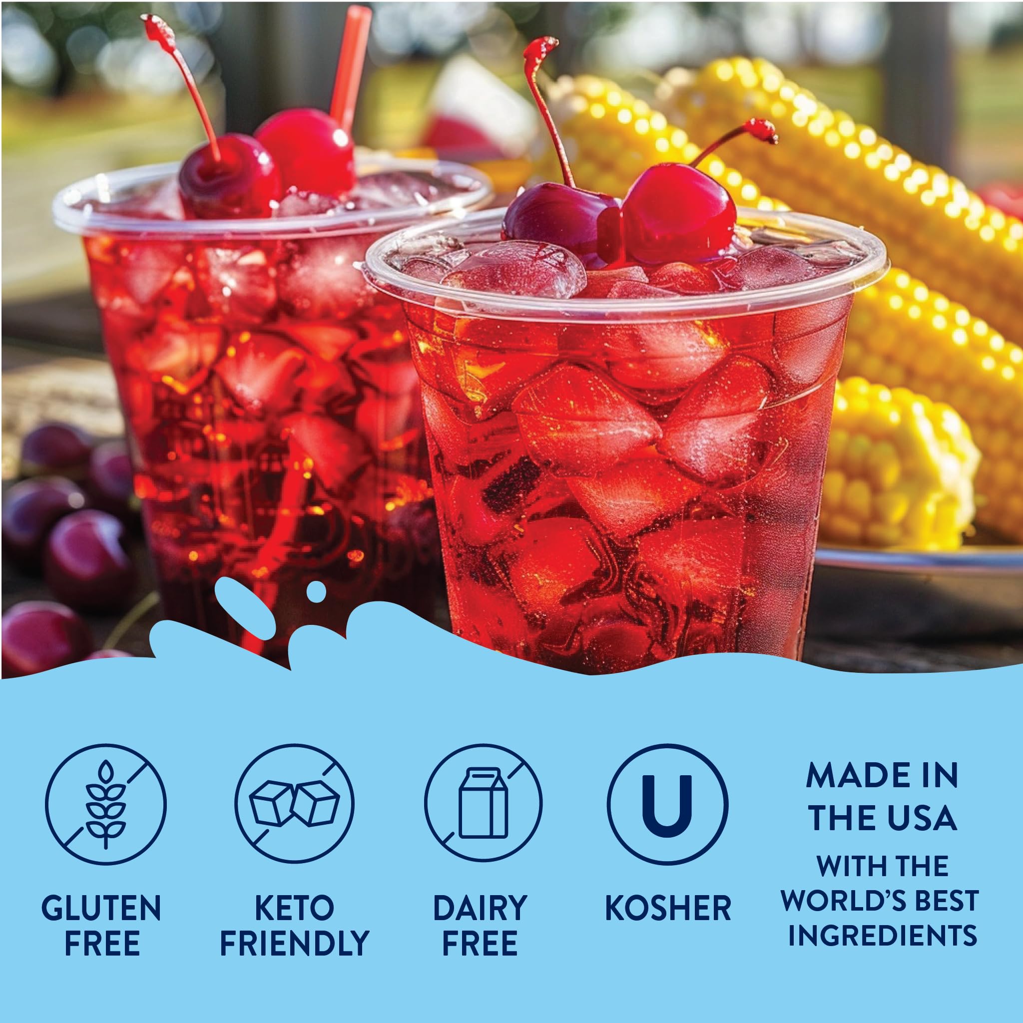 Jordan's Skinny Mixes cherry syrup in a glass showcases vibrant, sugar-free cherry soda flavor.