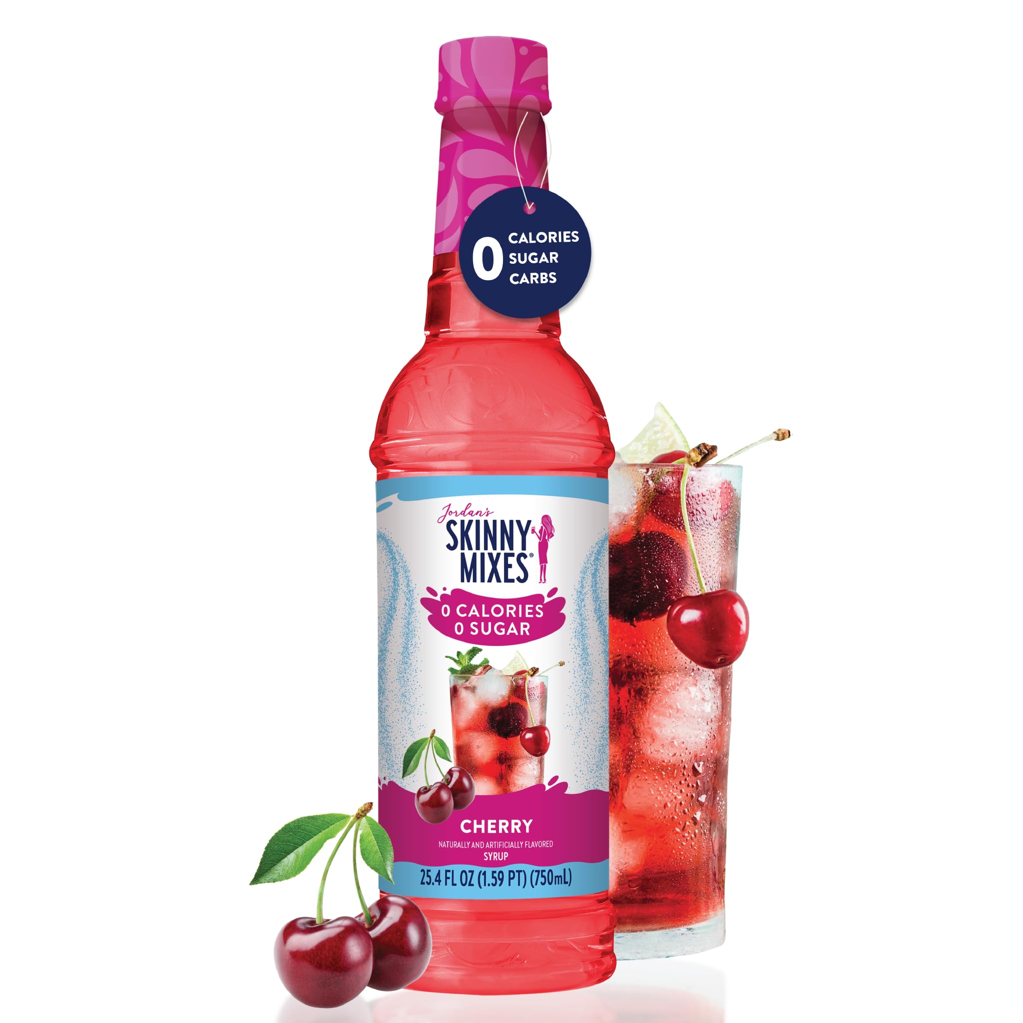 Jordan's Skinny Mixes cherry syrup in kitchen setup highlights gluten-free, keto-friendly option.