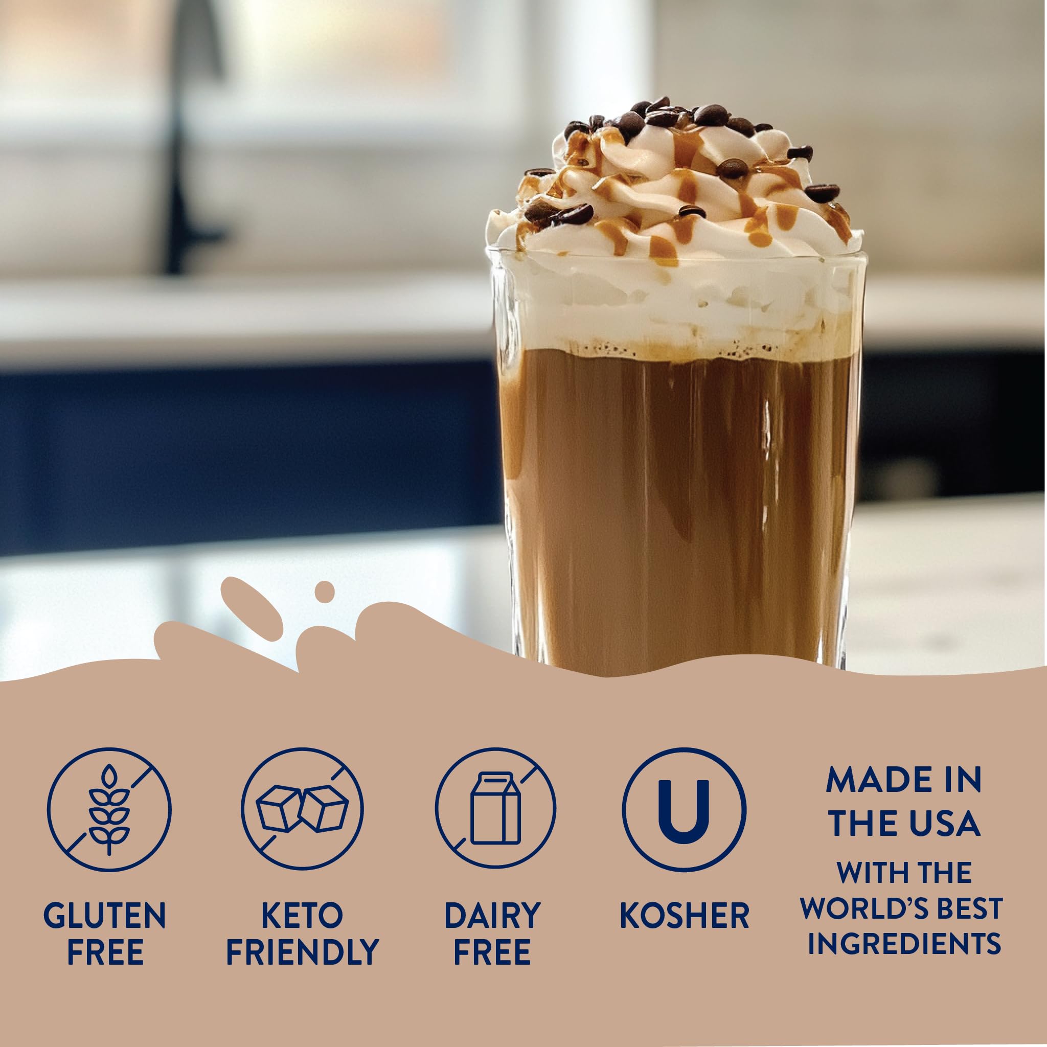 Kosher, dairy-free, gluten-free label on Jordan's Skinny Mixes bottle.