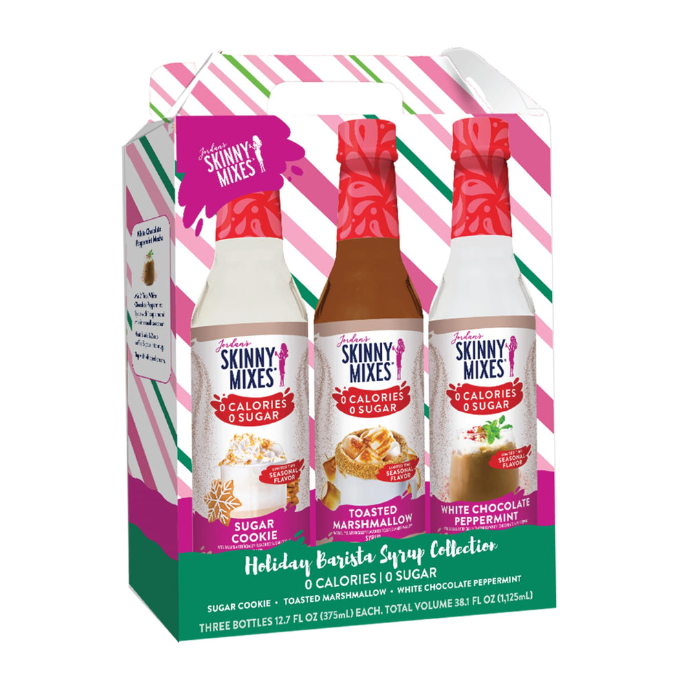 Jordan's Skinny Mixes Holiday Trio Sugar Cookie syrup bottle on cozy coffee setup, ideal for festive lattes