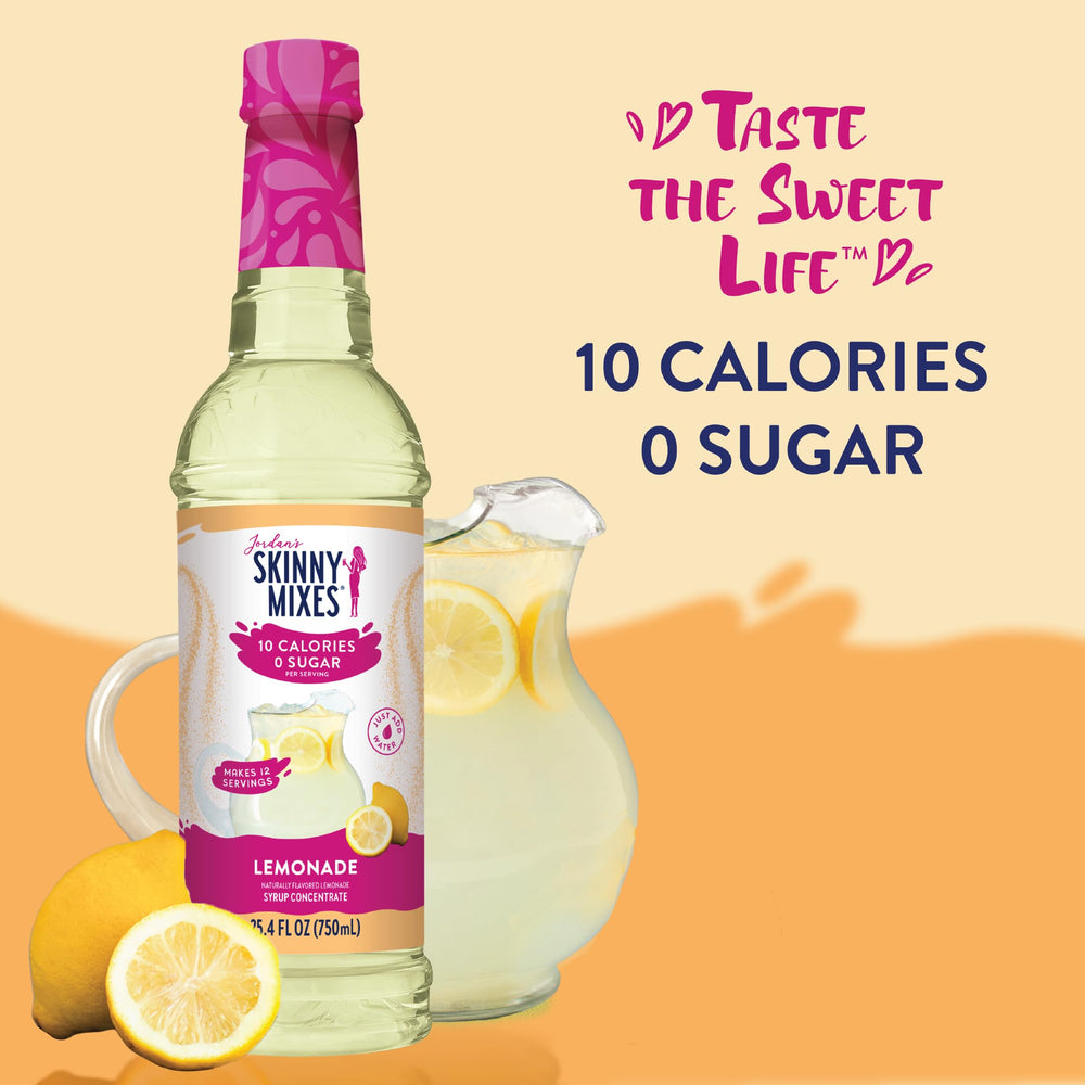 Close-up of Jordan's Skinny Mixes lemonade syrup label showing keto-friendly notes