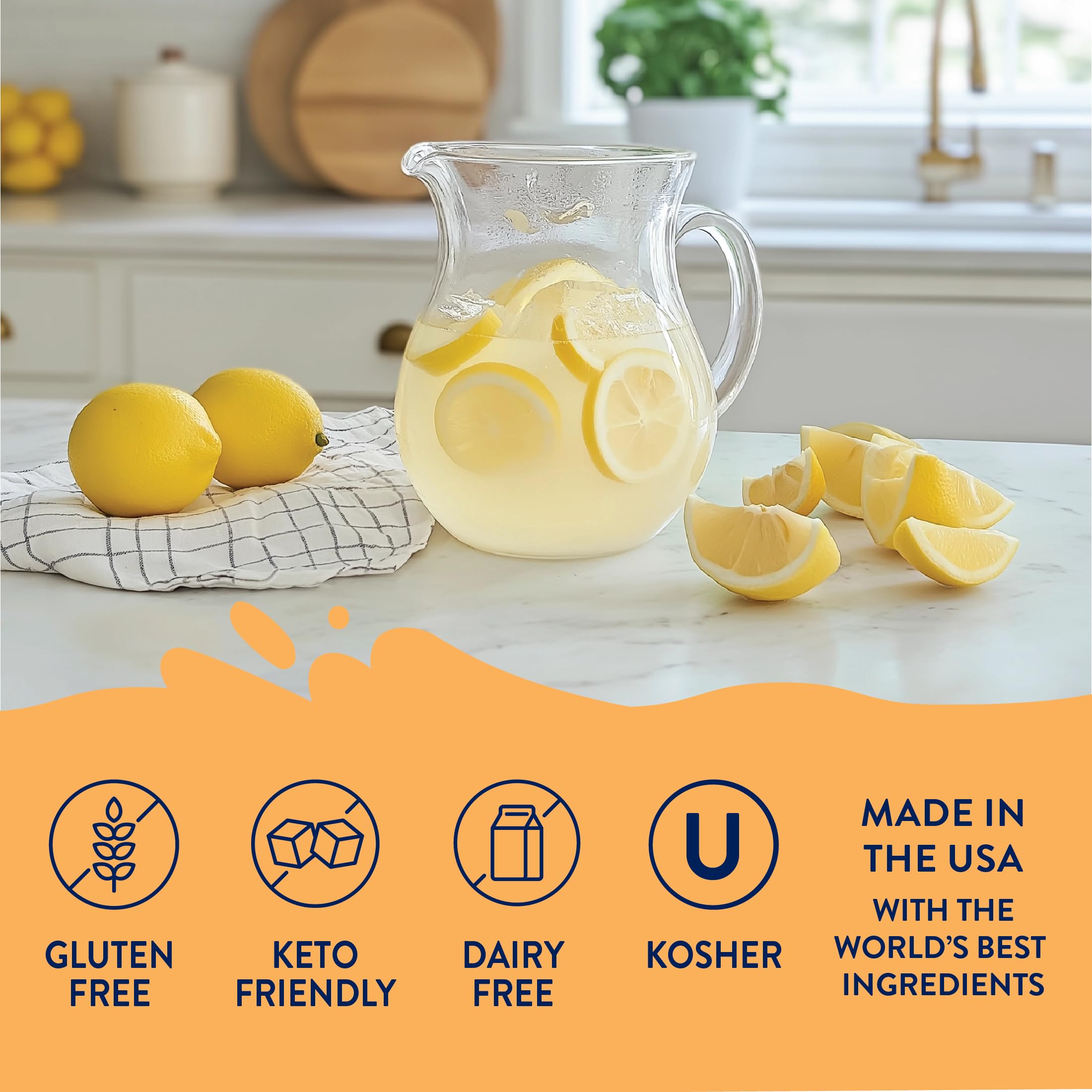 Lemon slice beside Jordan's Skinny Mixes lemonade syrup bottle for zest