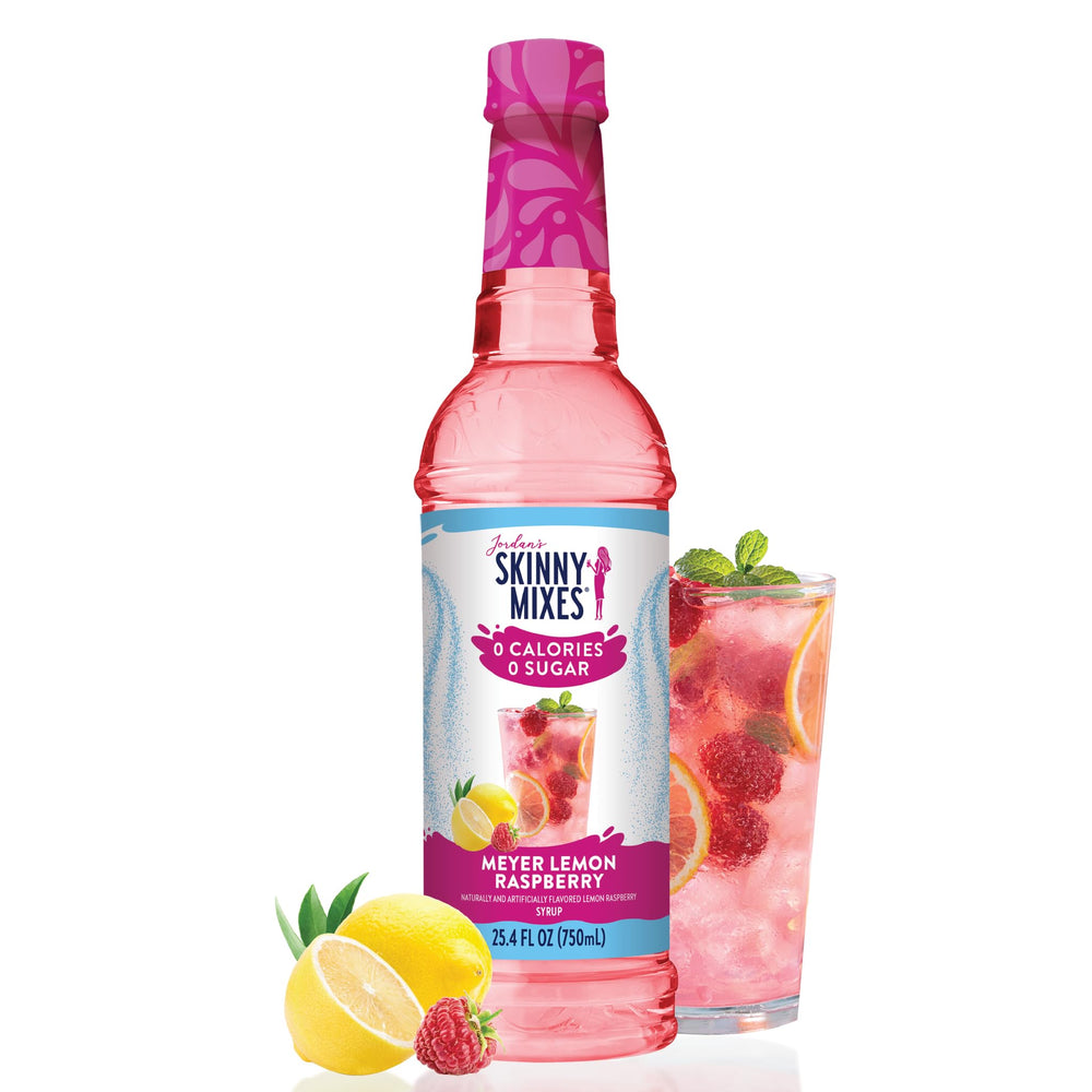 Jordan's Skinny Mixes Meyer Lemon Raspberry syrup bottle front showcasing zero sugar flavor.
