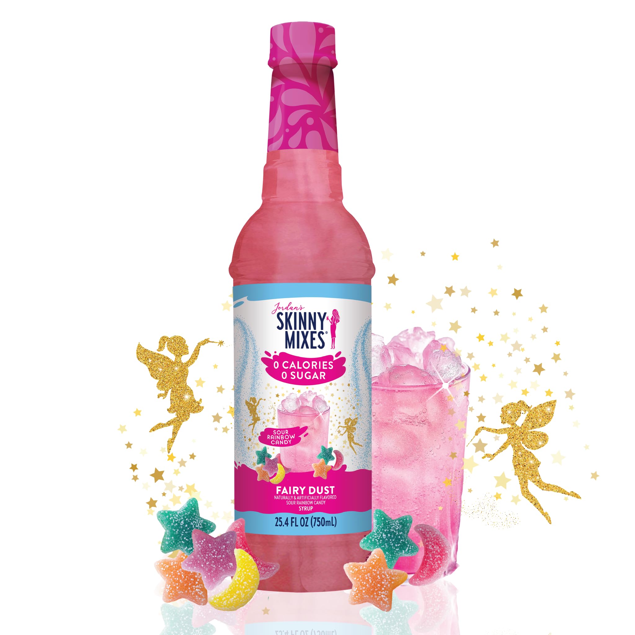 Jordan's Skinny Mixes Rainbow Candy Syrup bottle adds bright flavor to drinks without sugar.