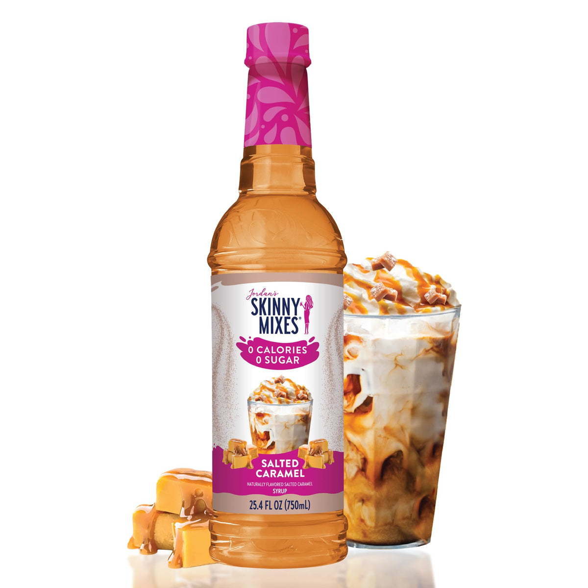 Jordan's Skinny Mixes salted caramel coffee syrup bottle adds café‑style flavor