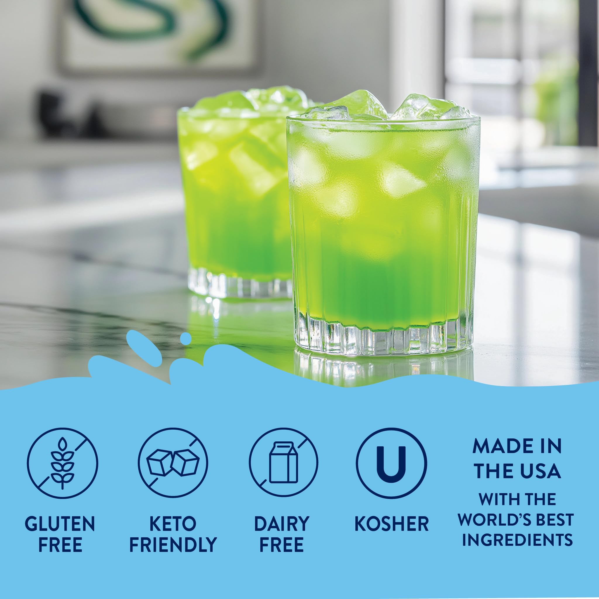 Jordan's Skinny Mixes Sour Green Apple bottle in a kitchen scene for versatile use.