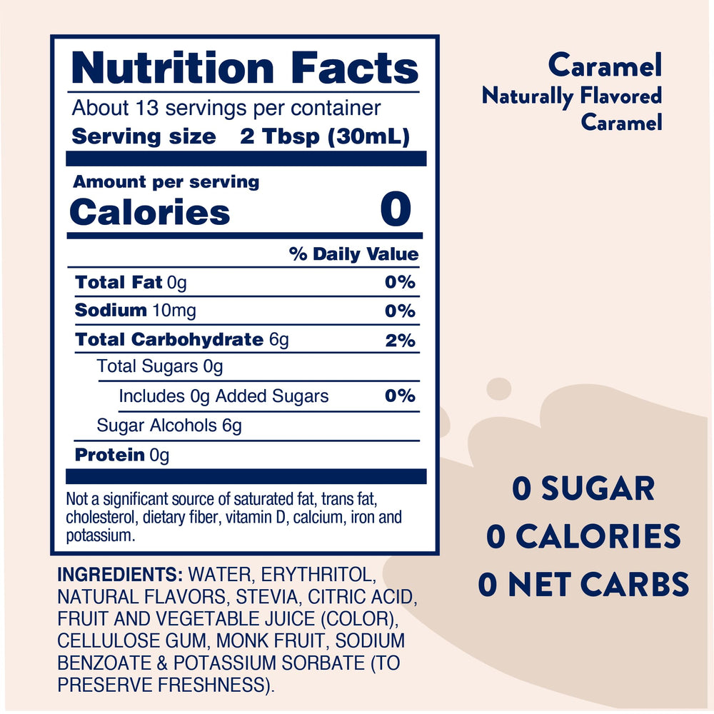 Jordan's Skinny Mixes caramel syrup in a coffee mug delivers zero calories and café flavor