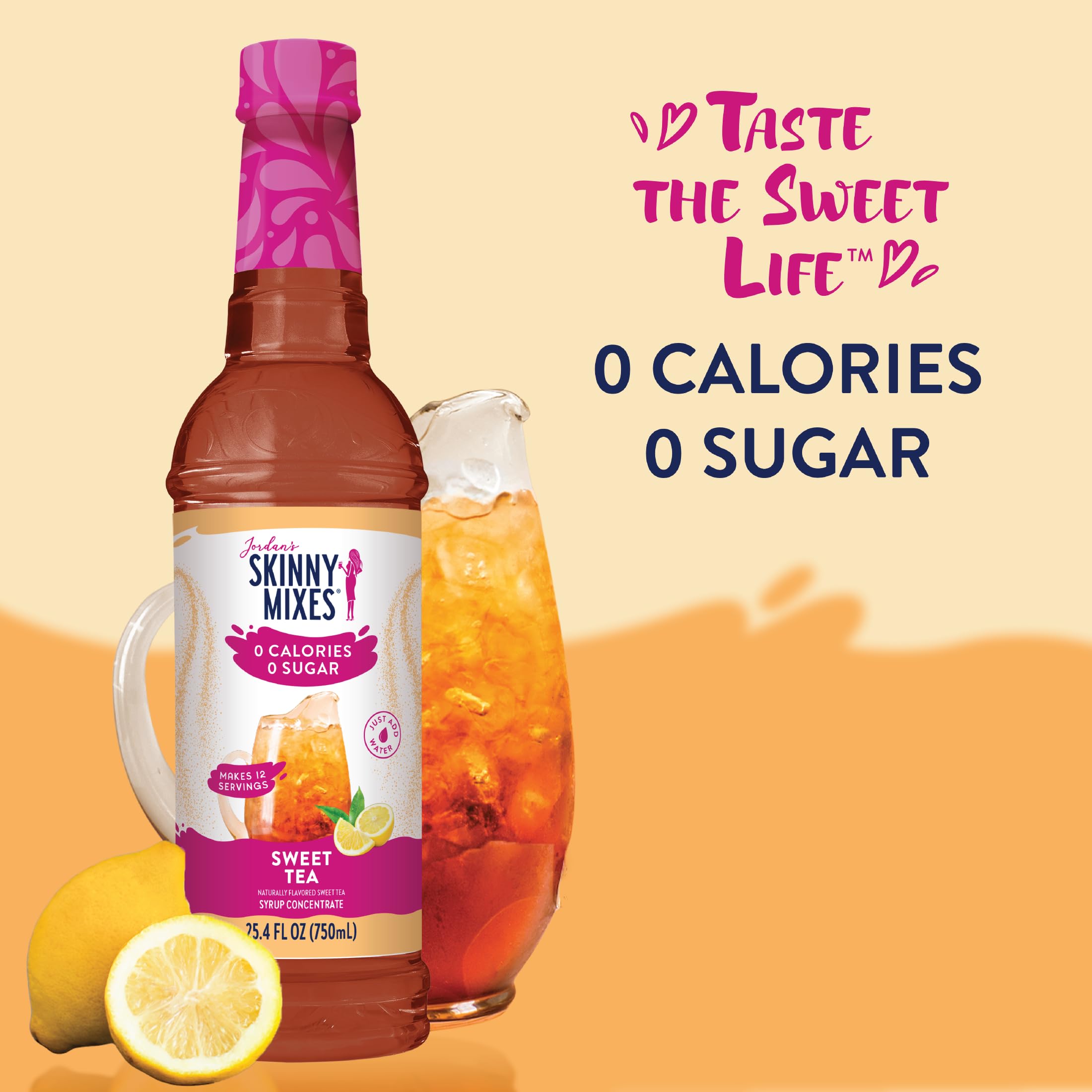 A bottle of Jordan's Skinny Mixes Sugar Free Syrup beside a tall glass of iced tea