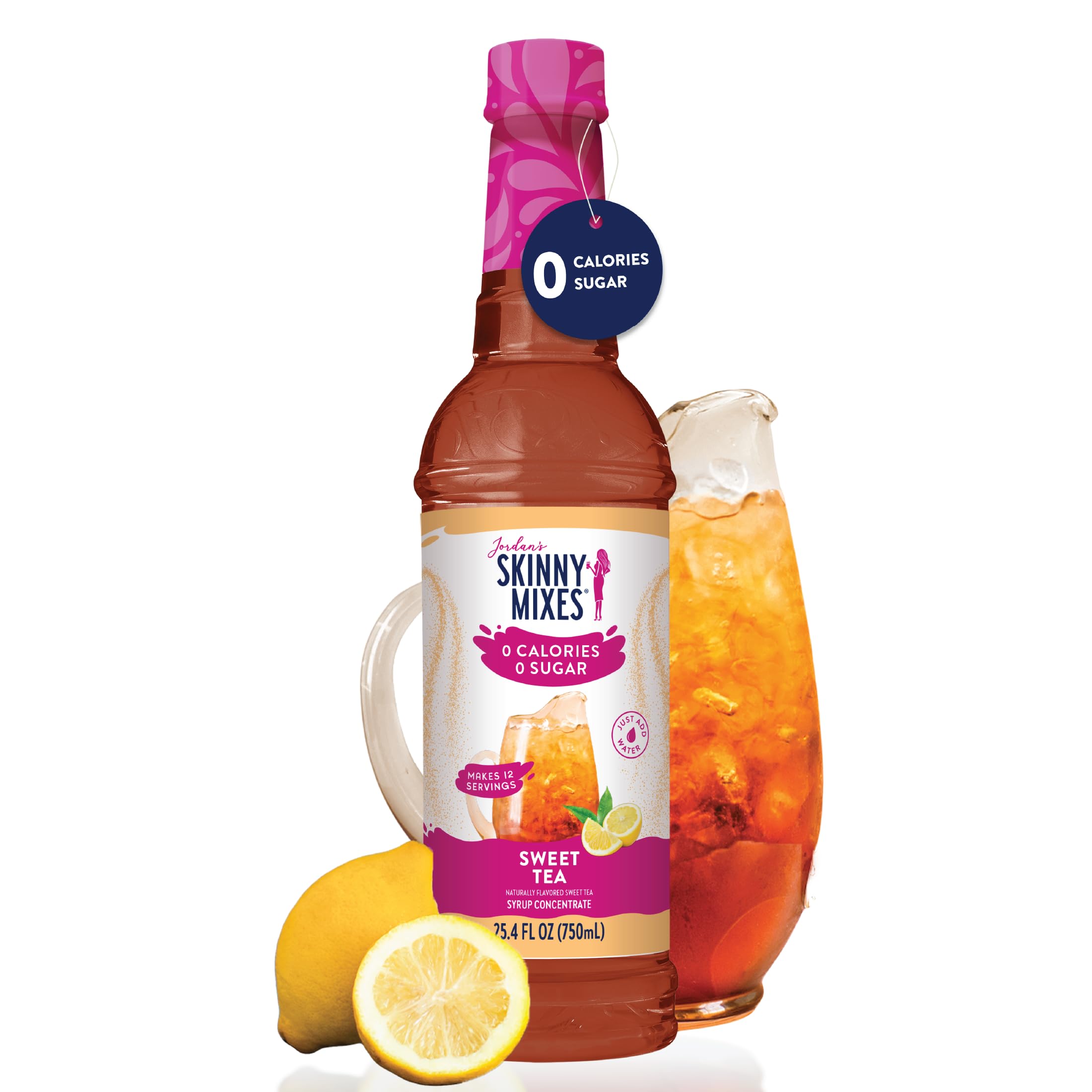 Close-up of Jordan's Skinny Mixes Sweet Tea label highlighting zero calories and keto friendly traits