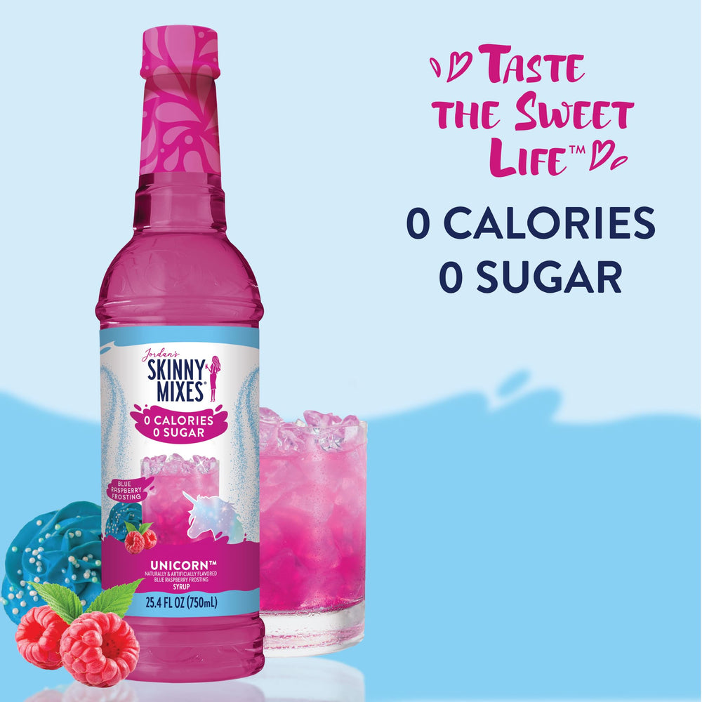 Jordan's Skinny Mixes Unicorn Syrup being poured for low-calorie beverages