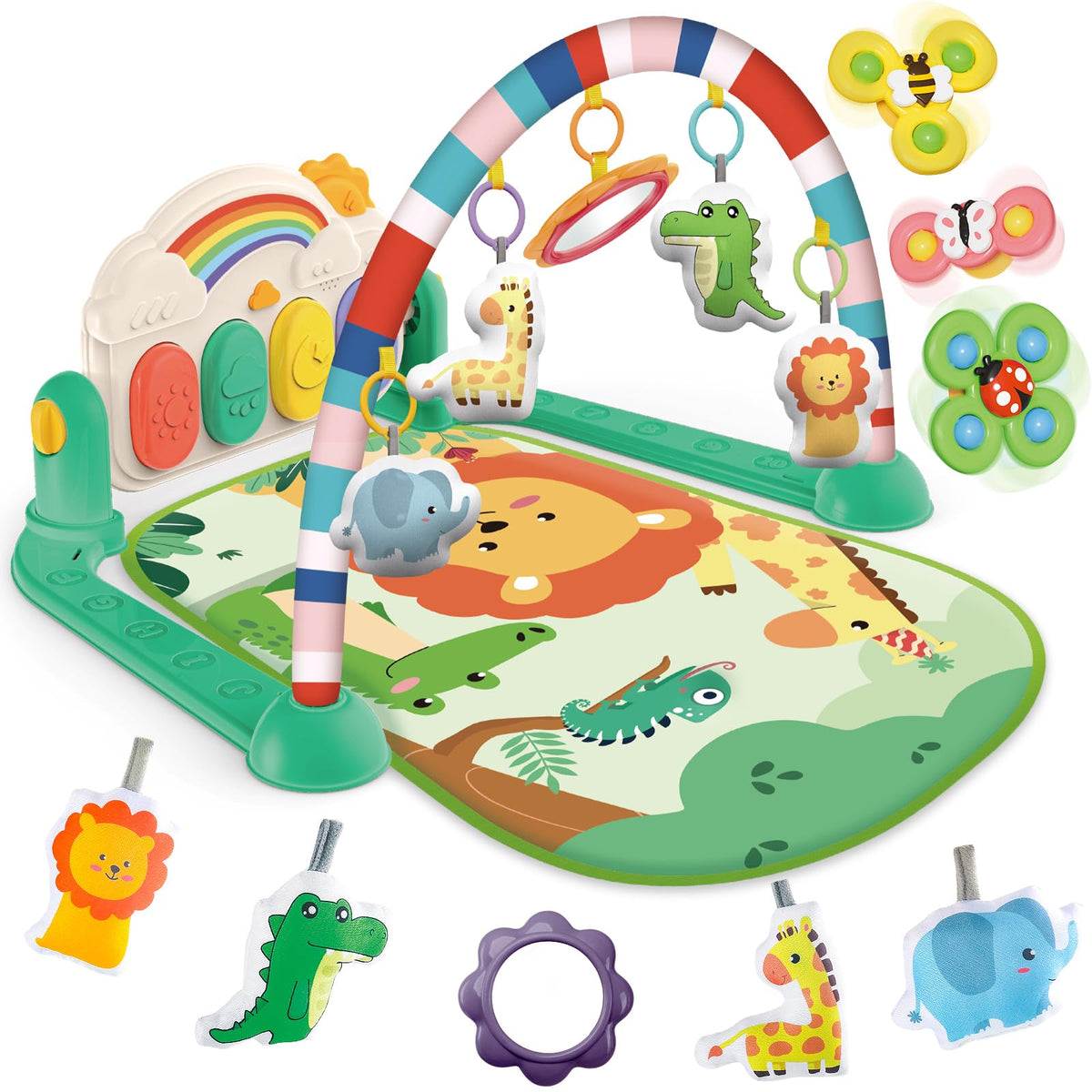 Joryuek baby gym with piano play mat in green, inviting tummy-time fun and exploration.