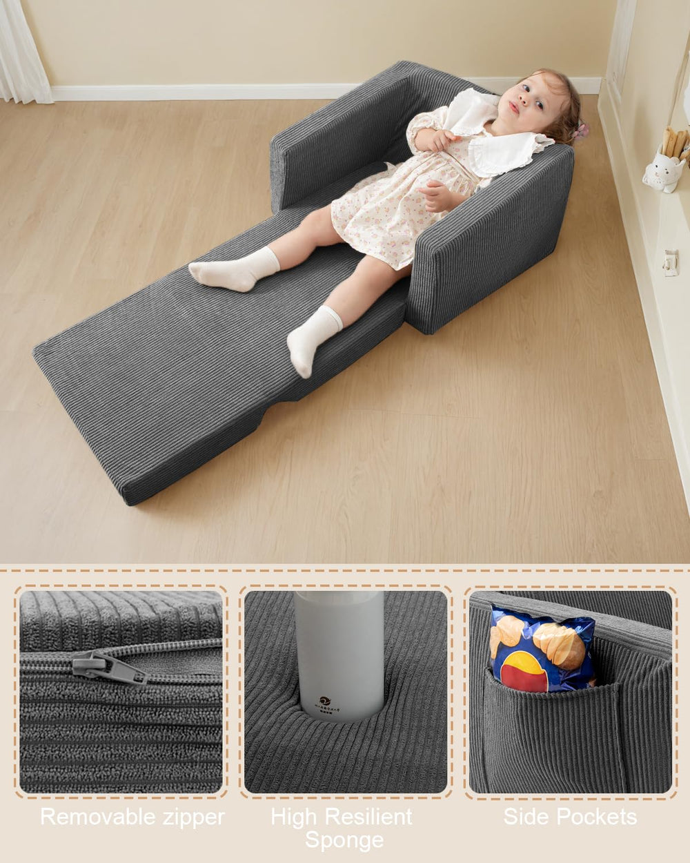 Jouha Toddle Chair machine-washable cover keeps cleaning simple.