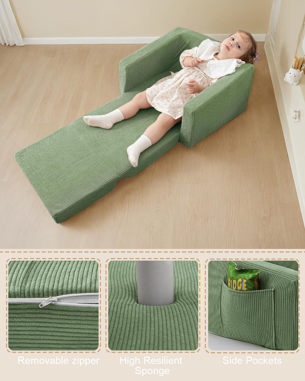 Jouha Toddler Chair foam support green delivers firm seating during playtime.