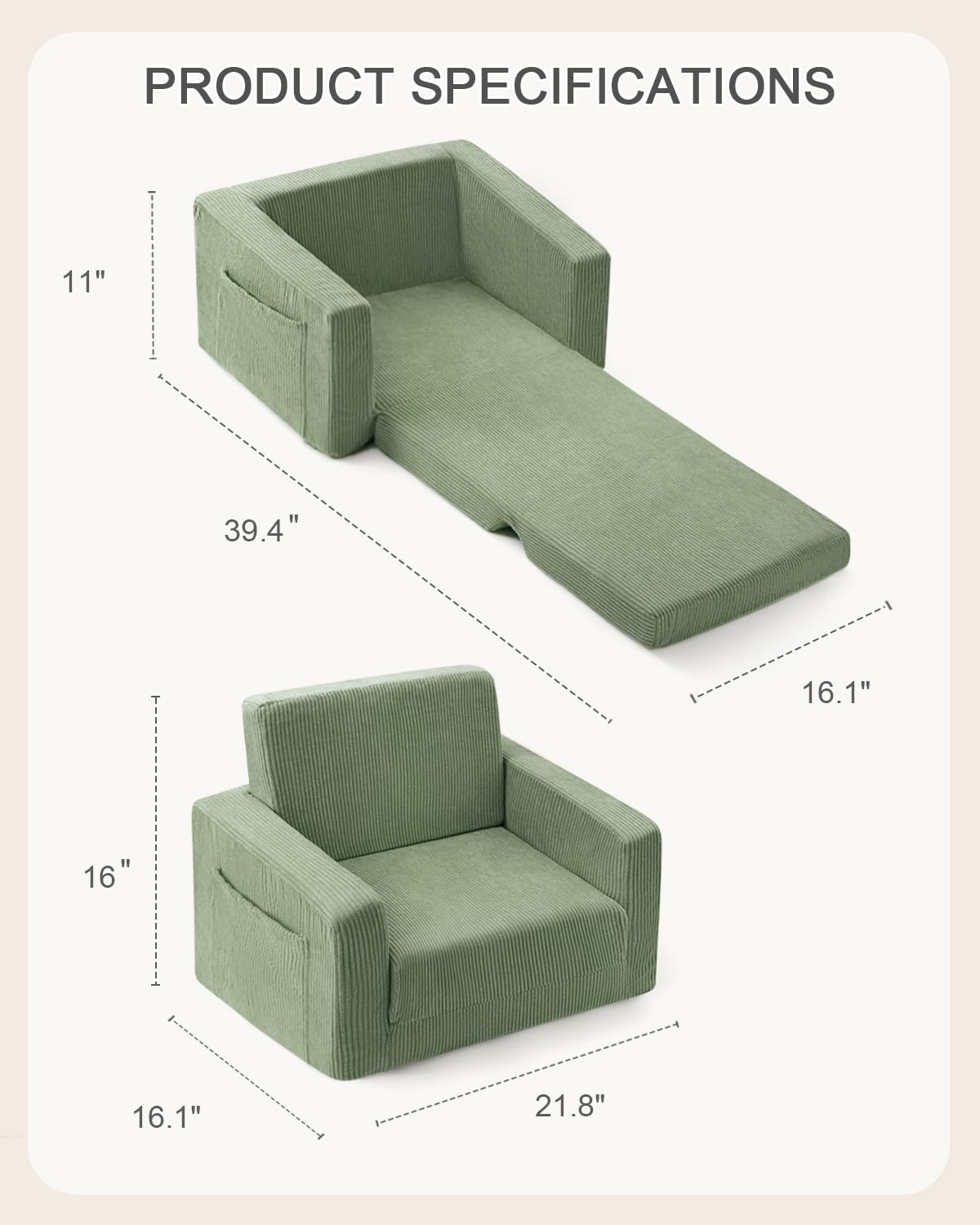 Jouha Toddler Chair corduroy fabric green provides soft texture and easy care.