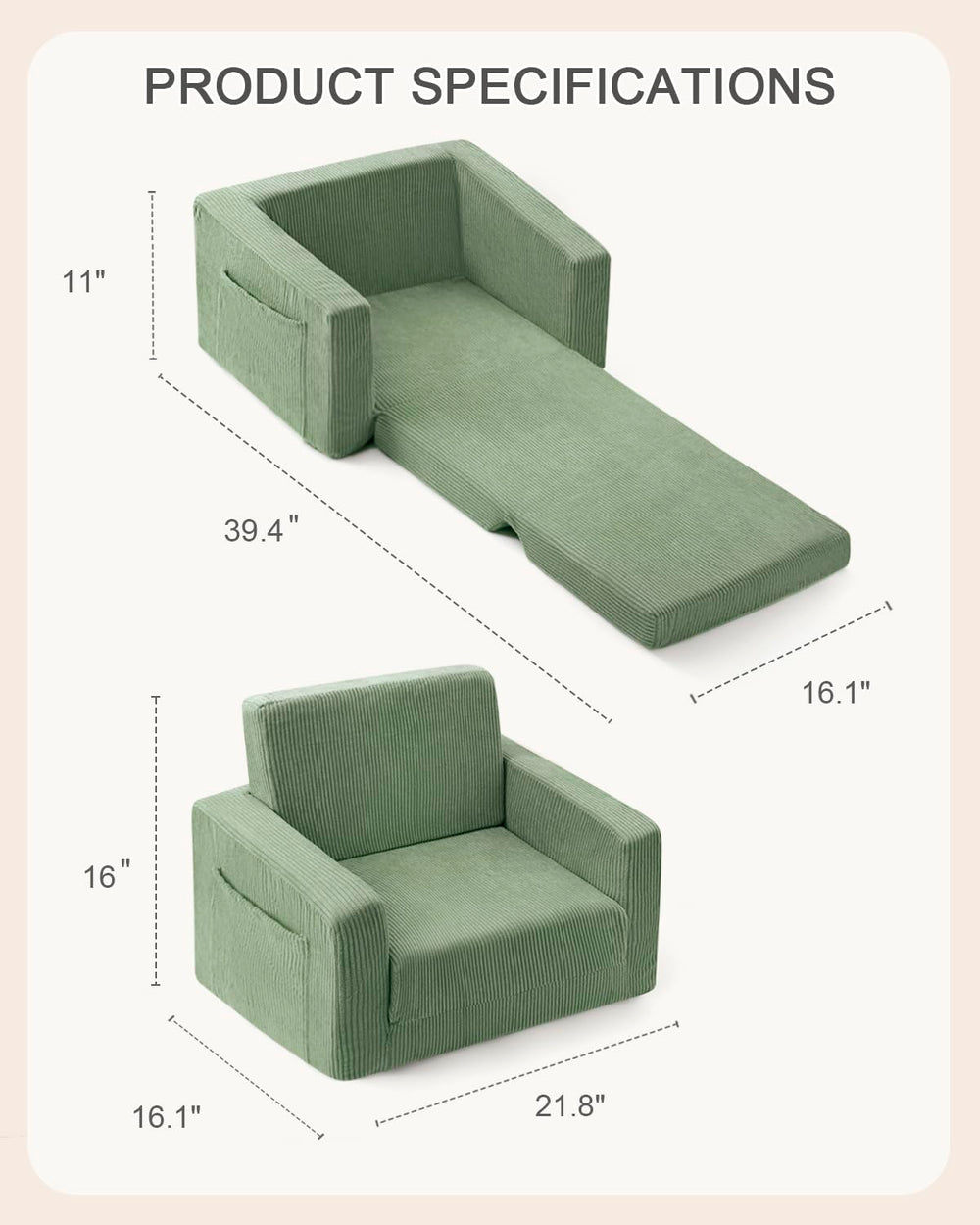 Jouha Toddler Chair corduroy fabric green provides soft texture and easy care.