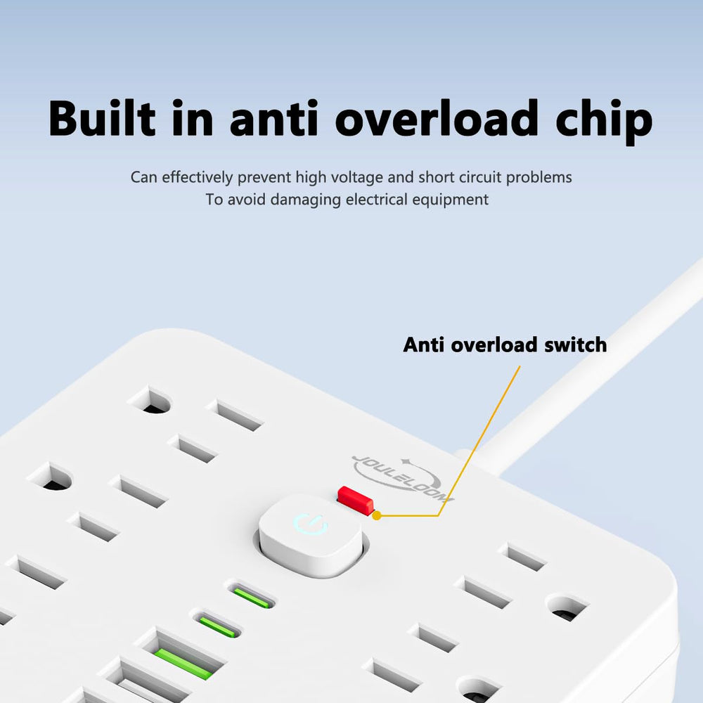 JouleLoom slim flat plug design maximizes outlet availability at home or office