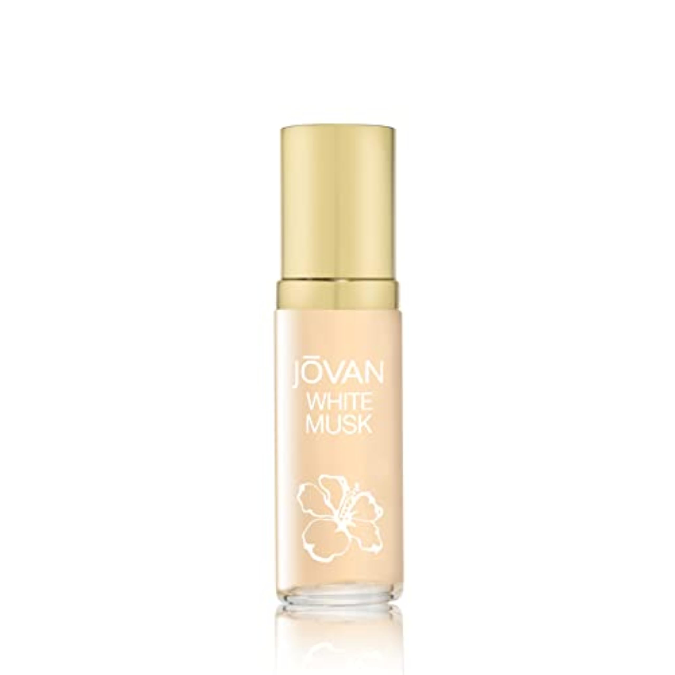 Jovan White Musk bottle close-up highlighting the pale rose hue and elegant design.