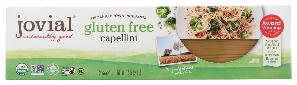 Jovial brown rice capellini pasta pack shows organic, gluten-free whole grain choice