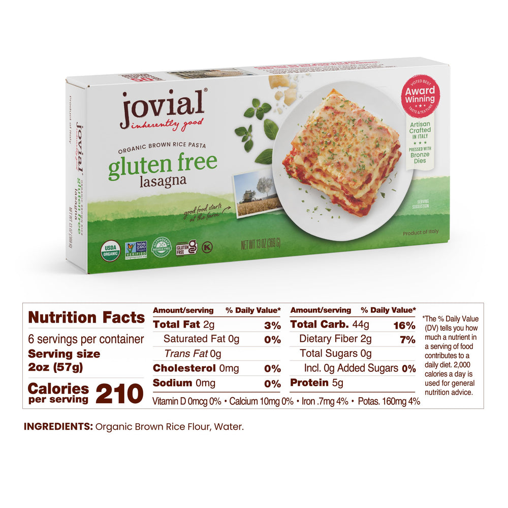 Jovial brown rice lasagna pasta uncooked reveals simple ingredients you can trust.