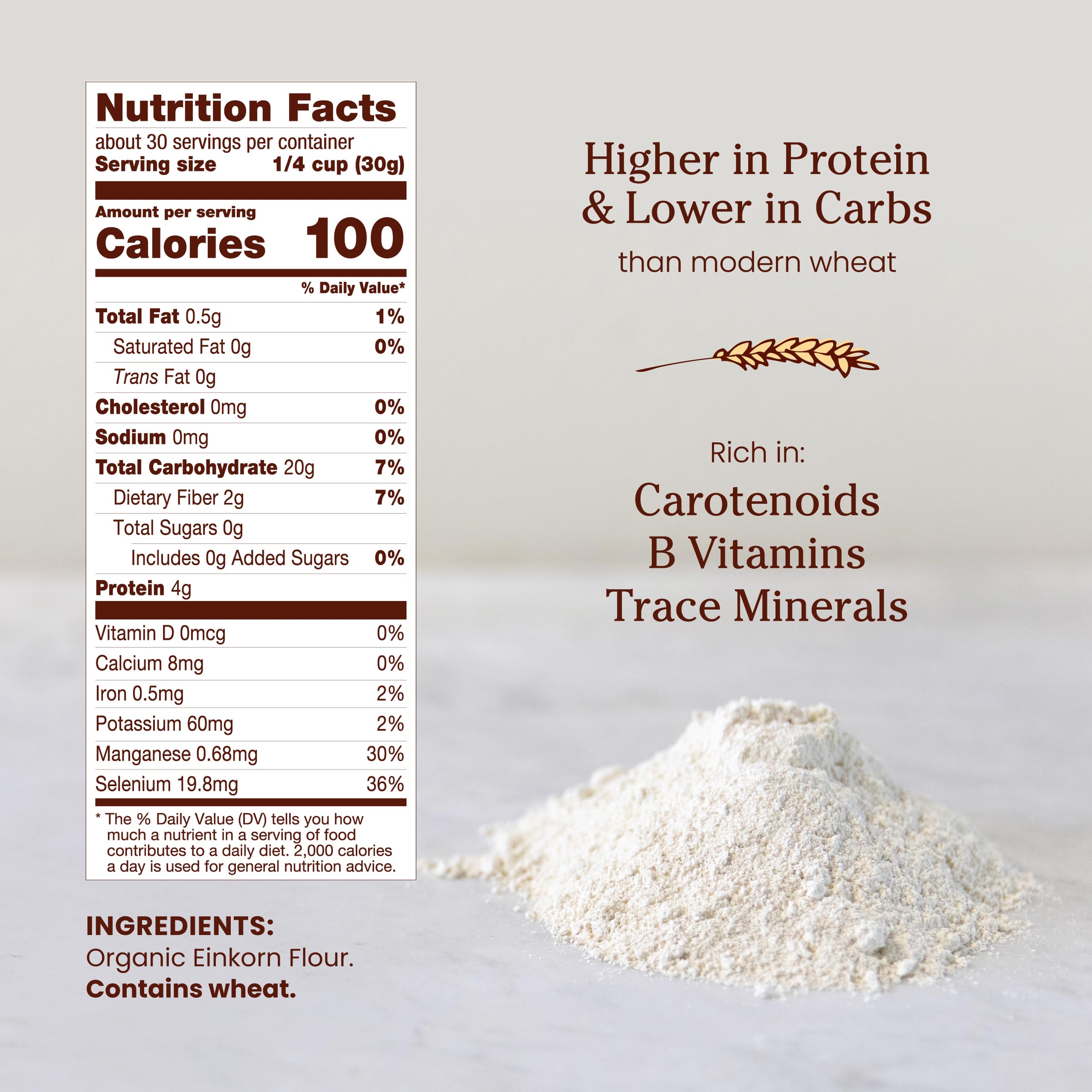 Jovial Einkorn flour bag back label with certifications and organic farming details