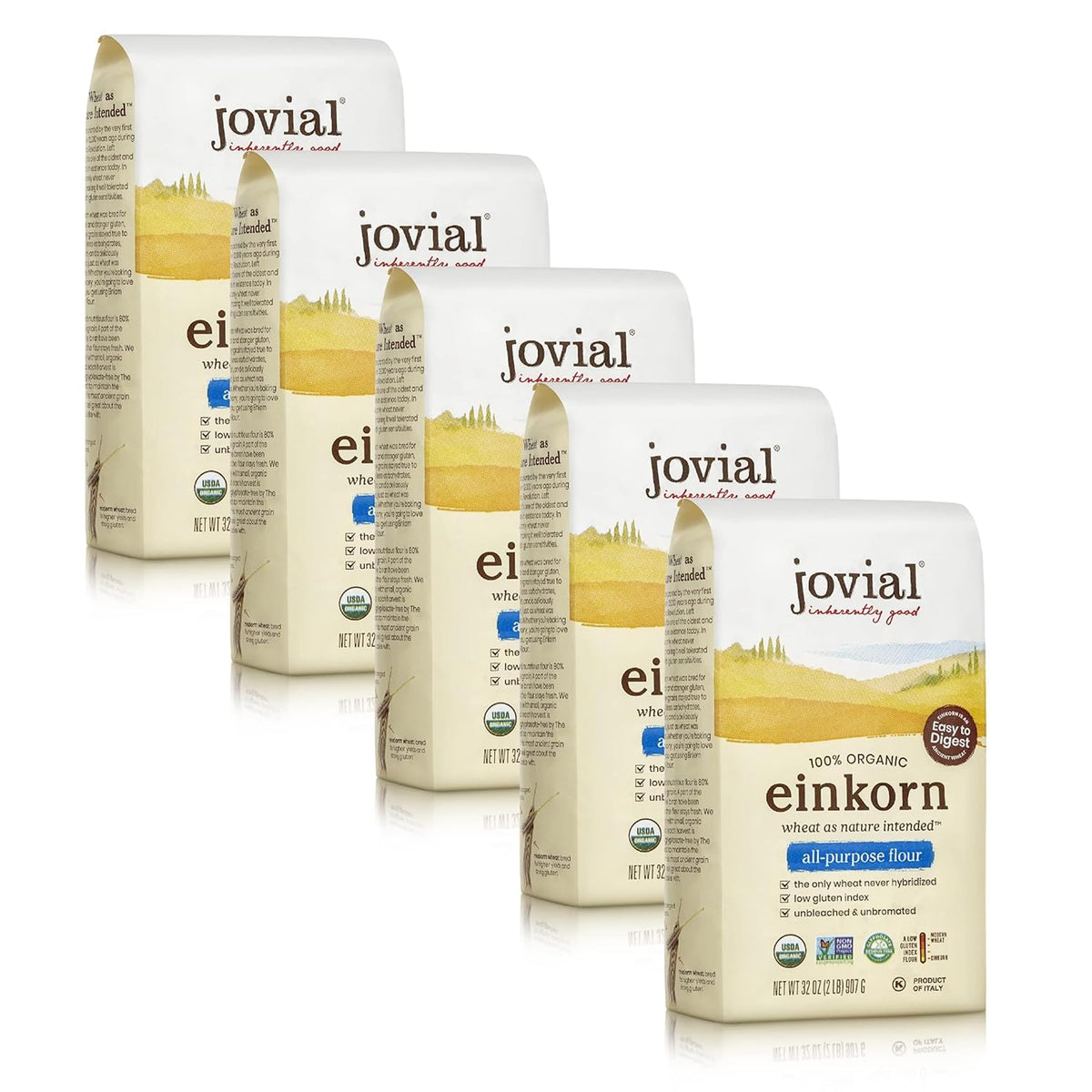 Jovial Einkorn flour bag front showing organic, non-GMO, unbleached baking staple