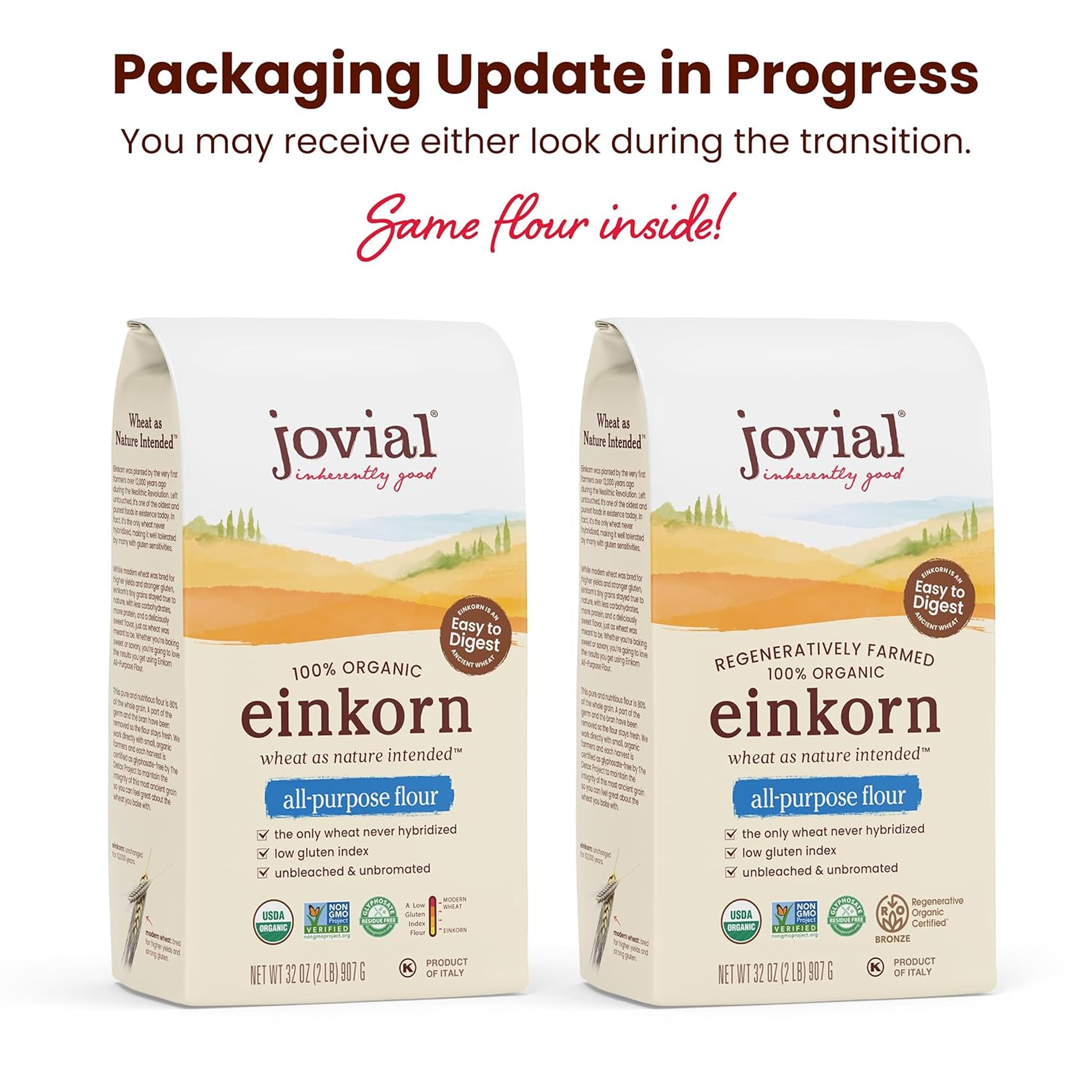 Ingredient bowl with Jovial Einkorn flour highlighting nutritious, non-GMO mix.