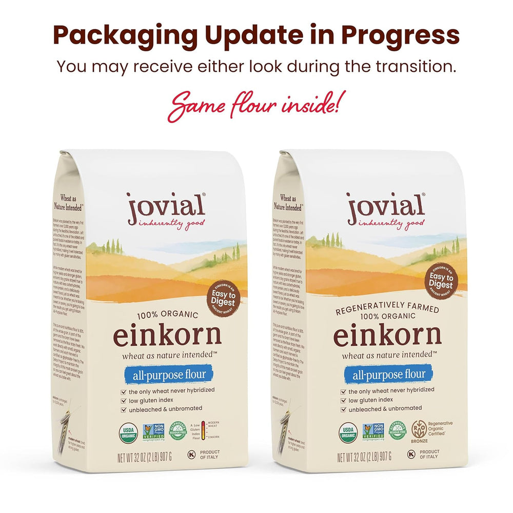Ingredient bowl with Jovial Einkorn flour highlighting nutritious, non-GMO mix.