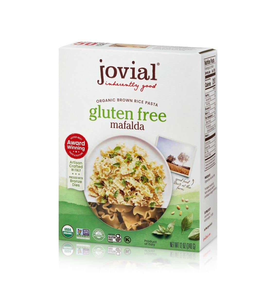 Jovial Mafalda brown rice pasta package highlighting gluten-free whole grain pasta