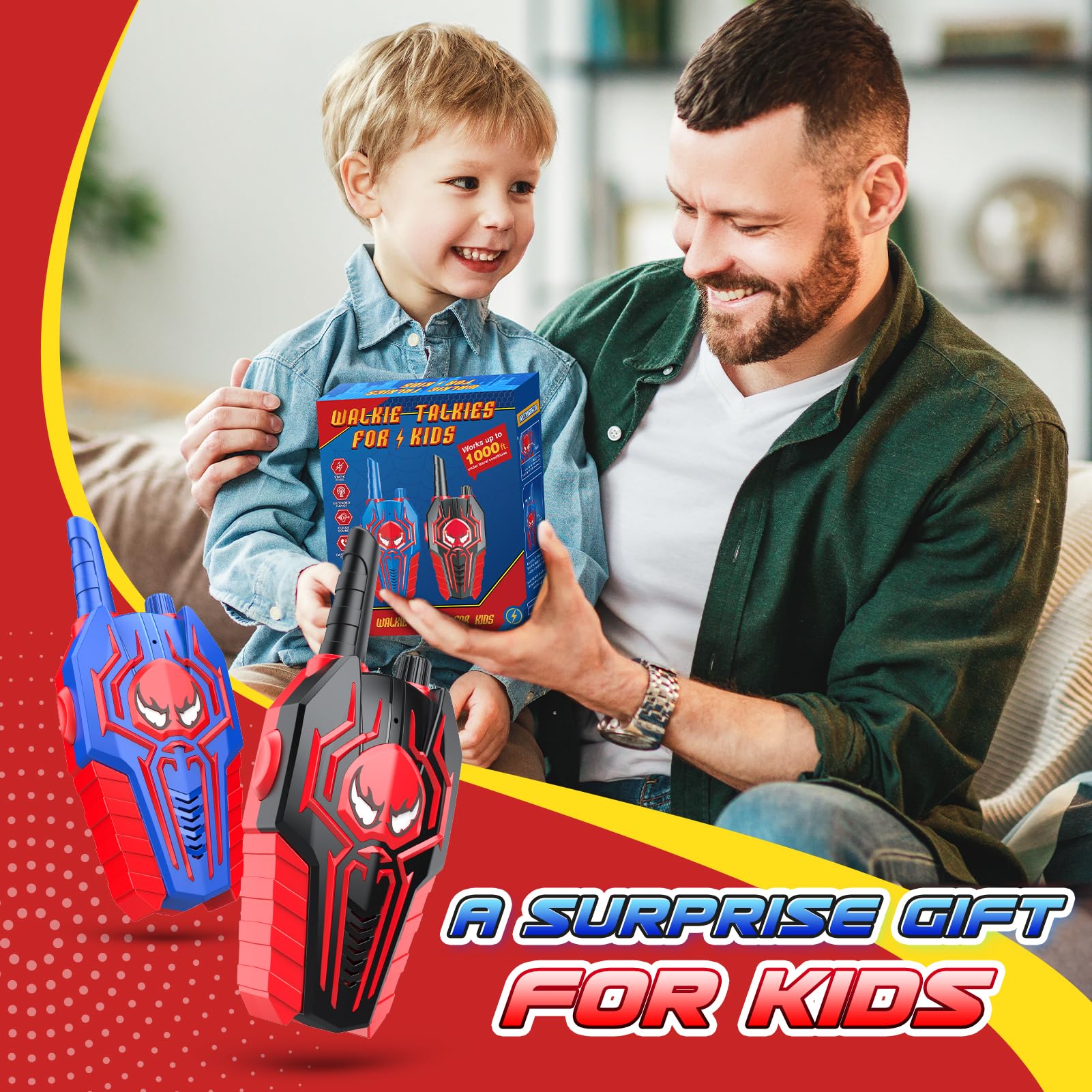 Up to 1000 feet range on JovialToyz walkie talkie supports outdoor exploration.