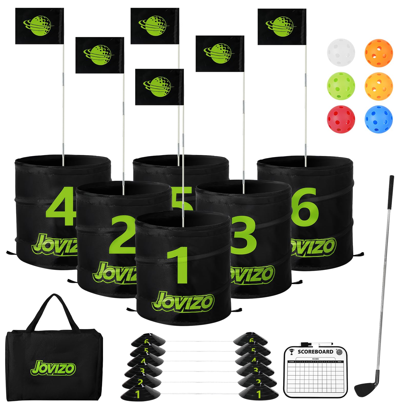 Jovizo Backyard Golf Game Set displaying a compact backyard golf setup for family play