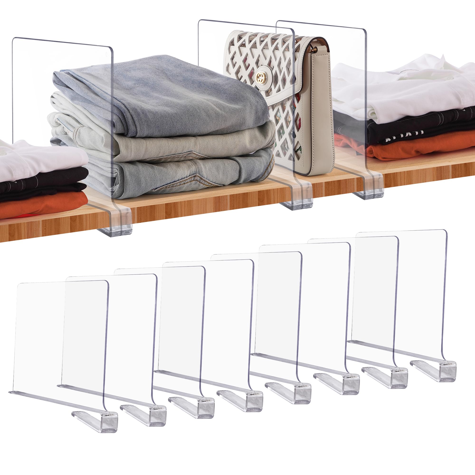 Joy Decor 8-pack acrylic shelf dividers in closet for organized clothing
