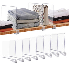 Joy Decor 8-pack acrylic shelf dividers in closet for organized clothing