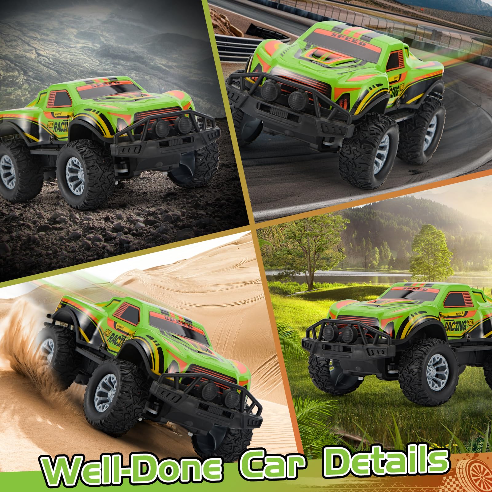 JOYBLI remote control off-road truck LED headlights illuminate night play.