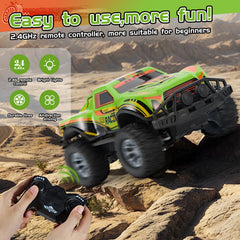 JOYBLI remote control off-road truck side view demonstrates stable chassis on uneven ground.